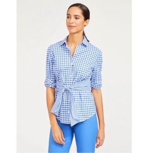 J. McLaughlin Eli Blouse White French Blue Gingham Tie Front Size XS